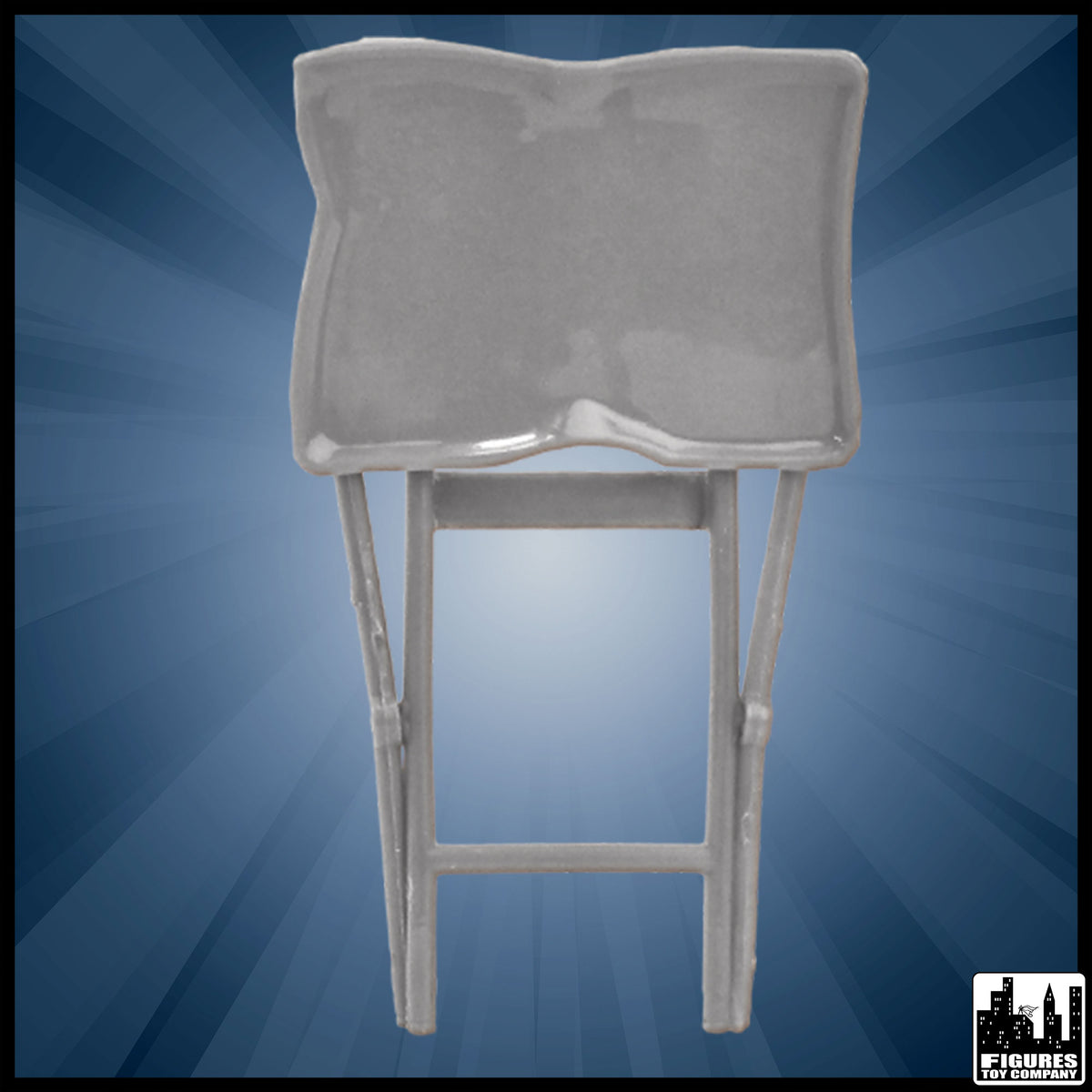 Silver TV tray for wrestling figures — alternate view.