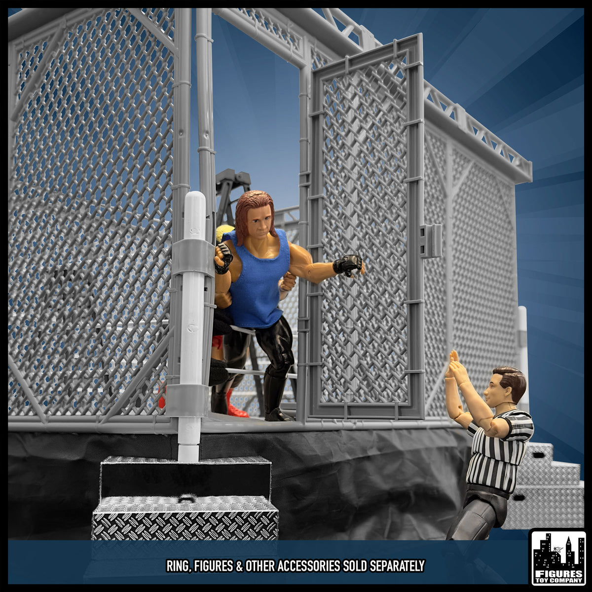 Steel Cage Playset for wrestling figures — door action.