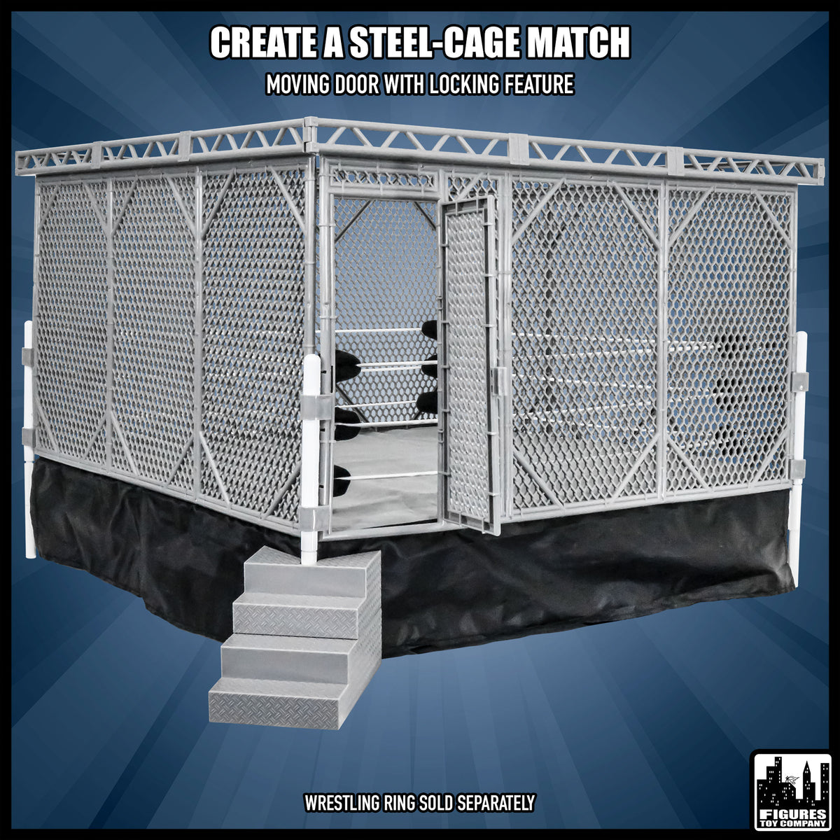 Steel Cage Playset for wrestling figures — installed cage.