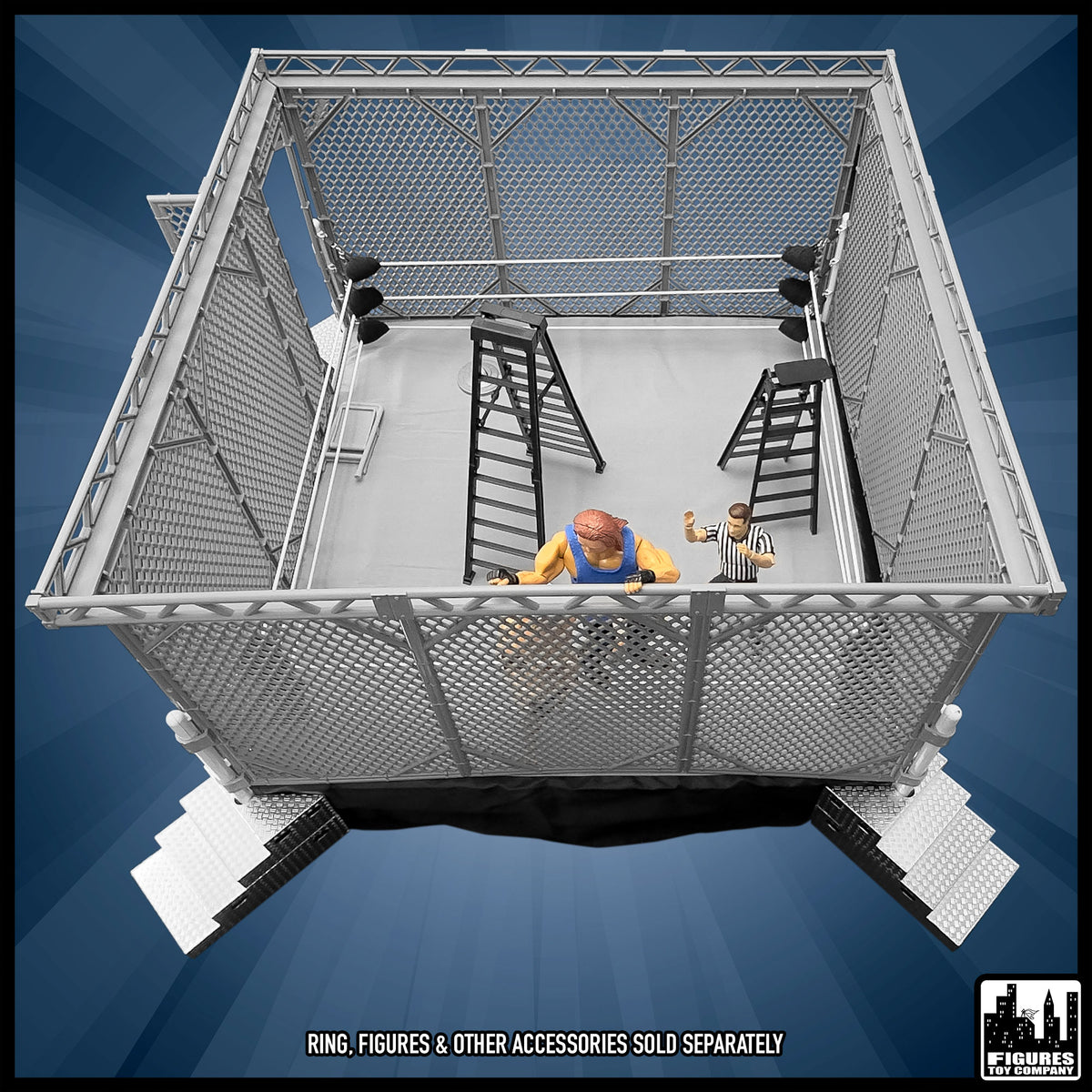 Steel Cage Playset for wrestling figures — overhead action.