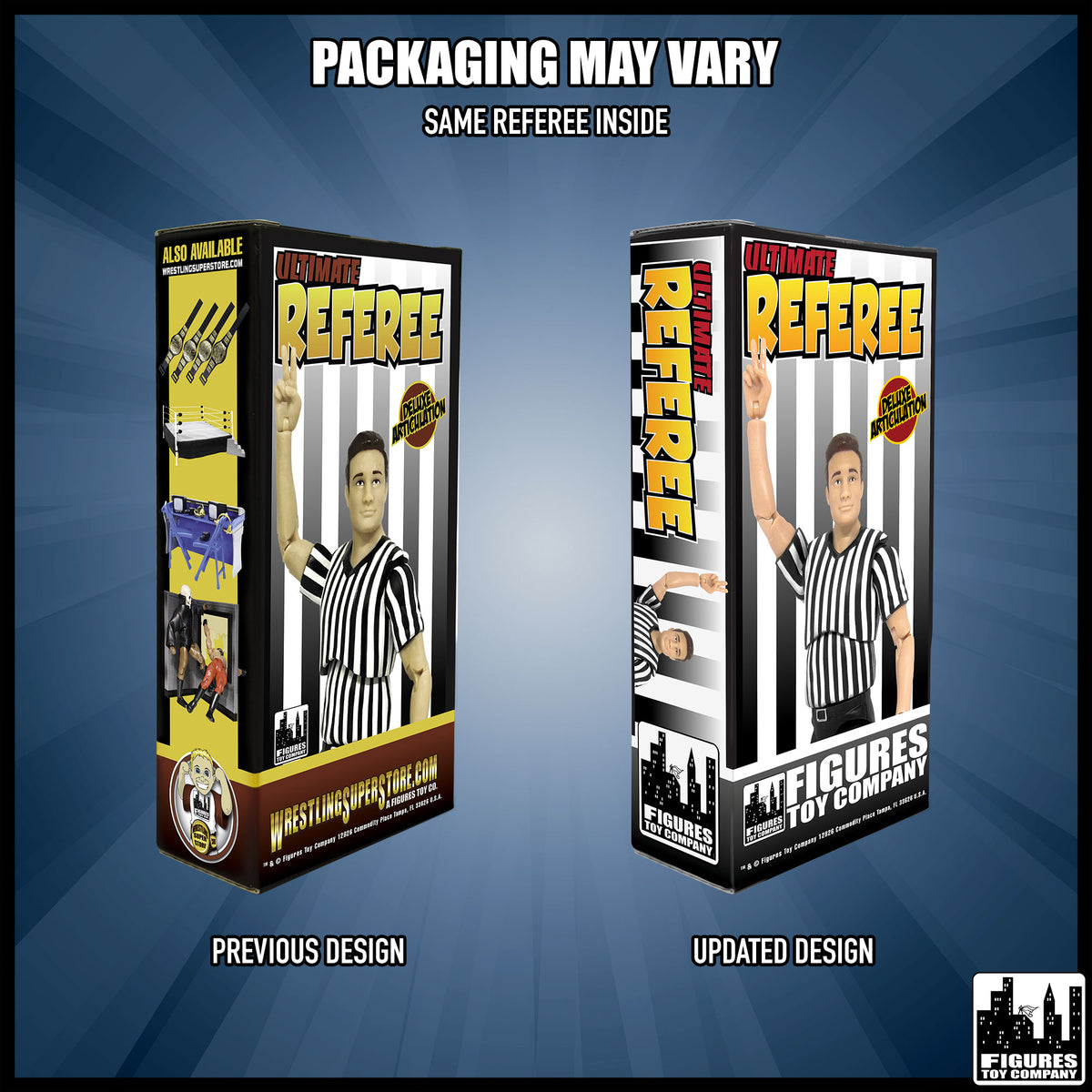 The Essentials Bundle for wrestling figures — packaging design comparison.