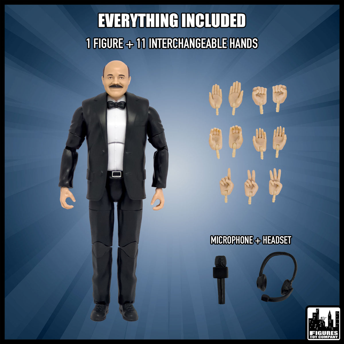 Ultimate Classic Announcer With Deluxe Articulation for wrestling figures — included items.