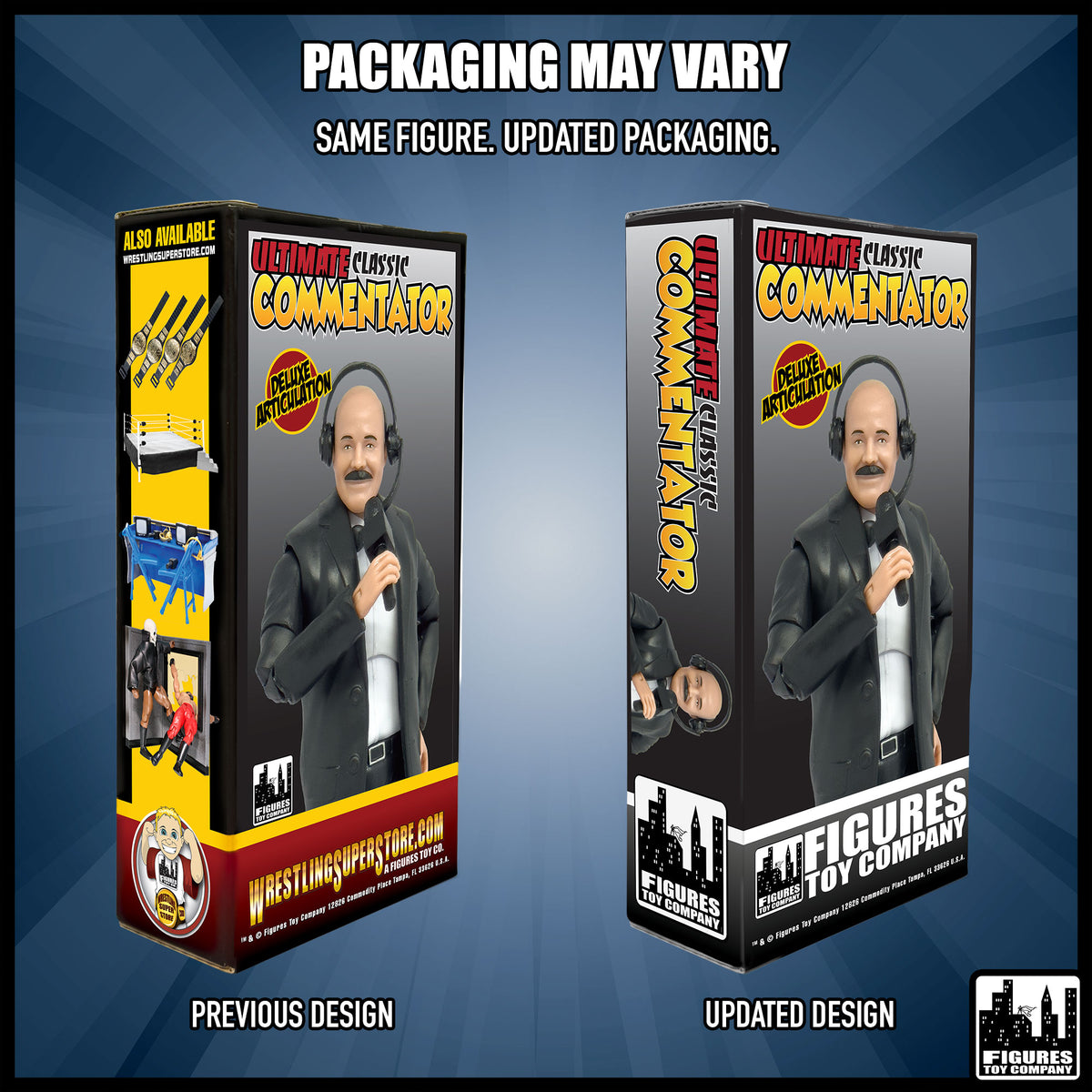 Ultimate Classic Announcer With Deluxe Articulation for wrestling figures — packaging design comparison.