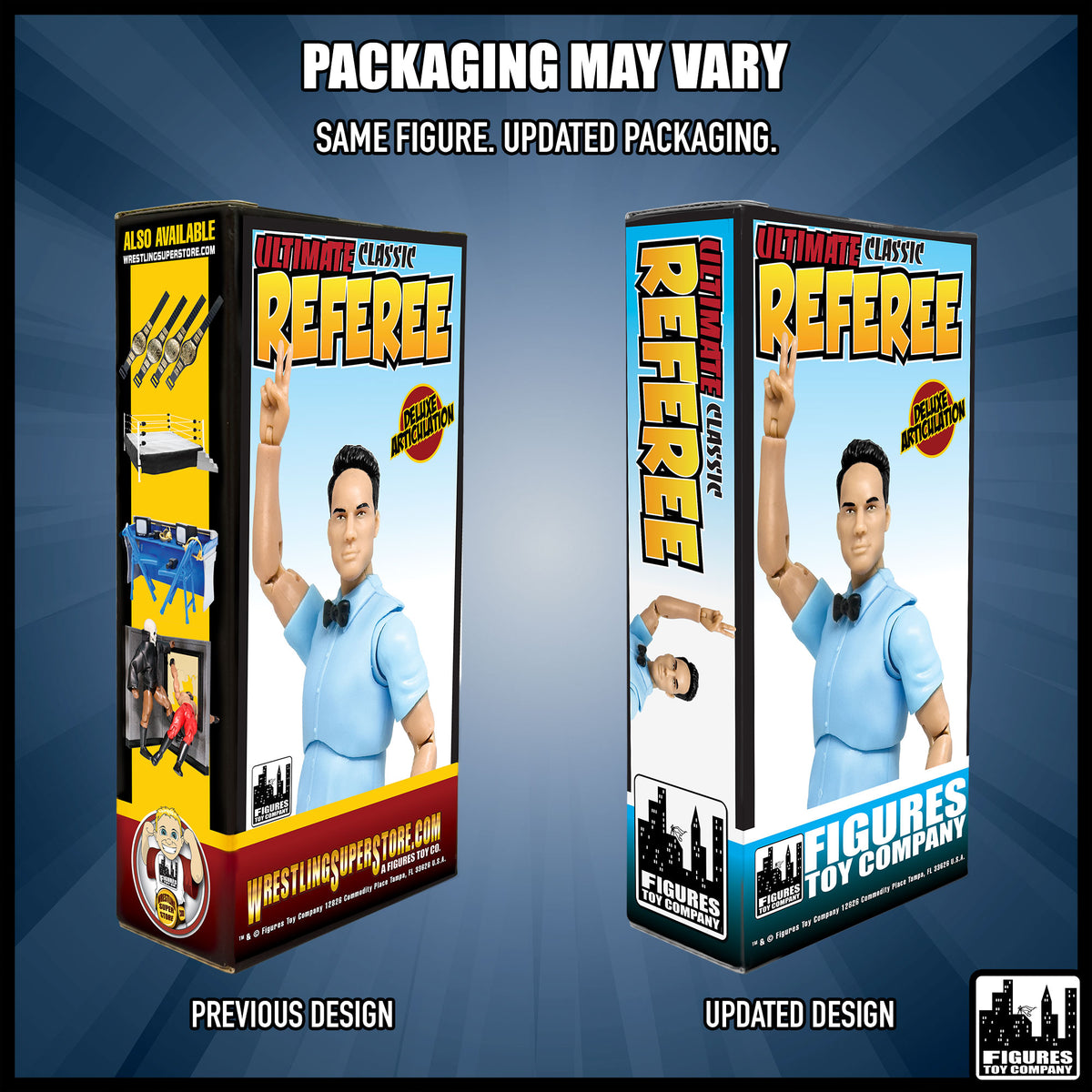 Ultimate classic referee action figure — packaging design comparison.