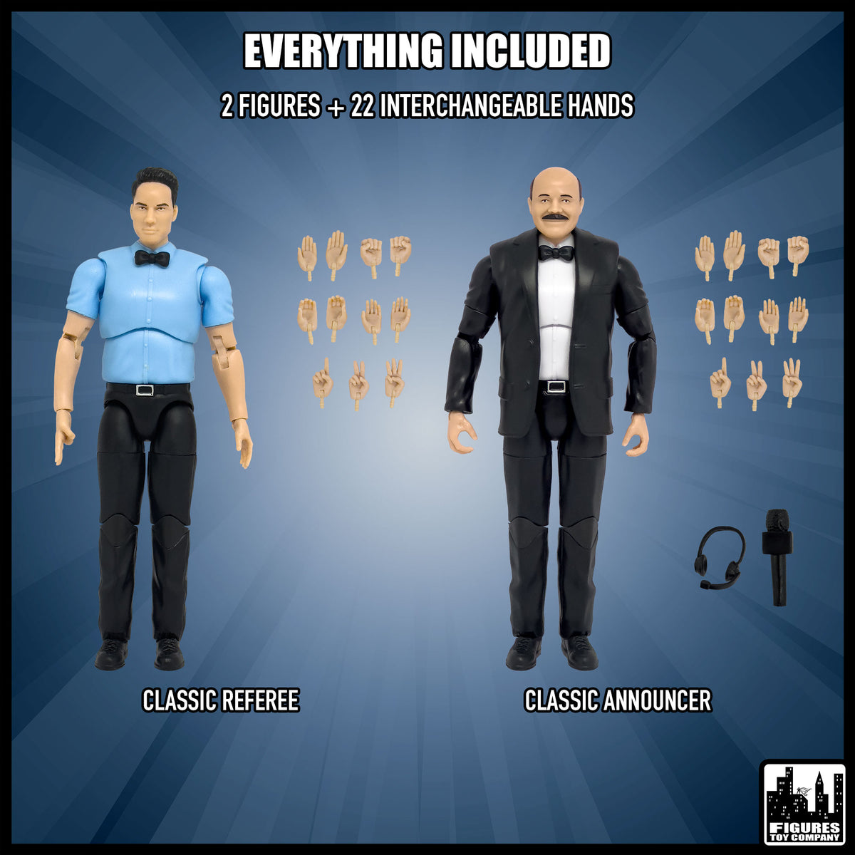 Ultimate Classic Referee & Classic Announcer With Deluxe Articulation for wrestling figures — included items.