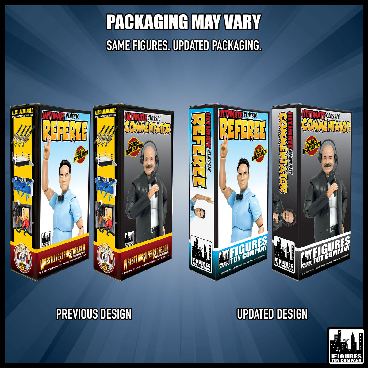 Ultimate Classic Referee & Classic Announcer With Deluxe Articulation for wrestling figures — packaging design comparison.