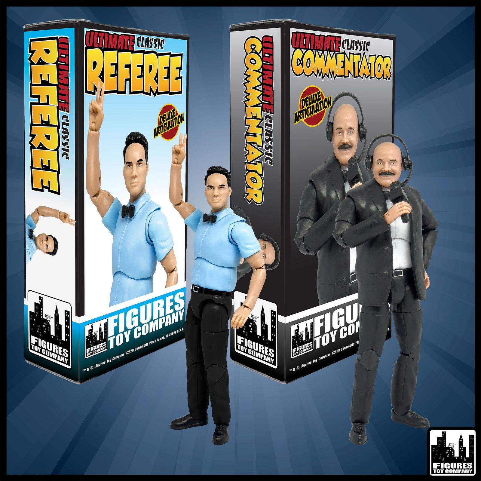 Ultimate Classic Referee & Classic Announcer With Deluxe Articulation for wrestling figures — product view.