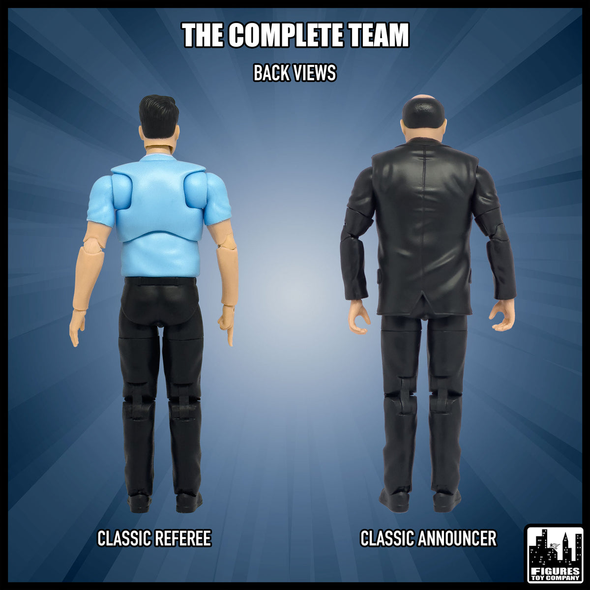 Ultimate Classic Referee & Classic Announcer With Deluxe Articulation for wrestling figures — rear views.