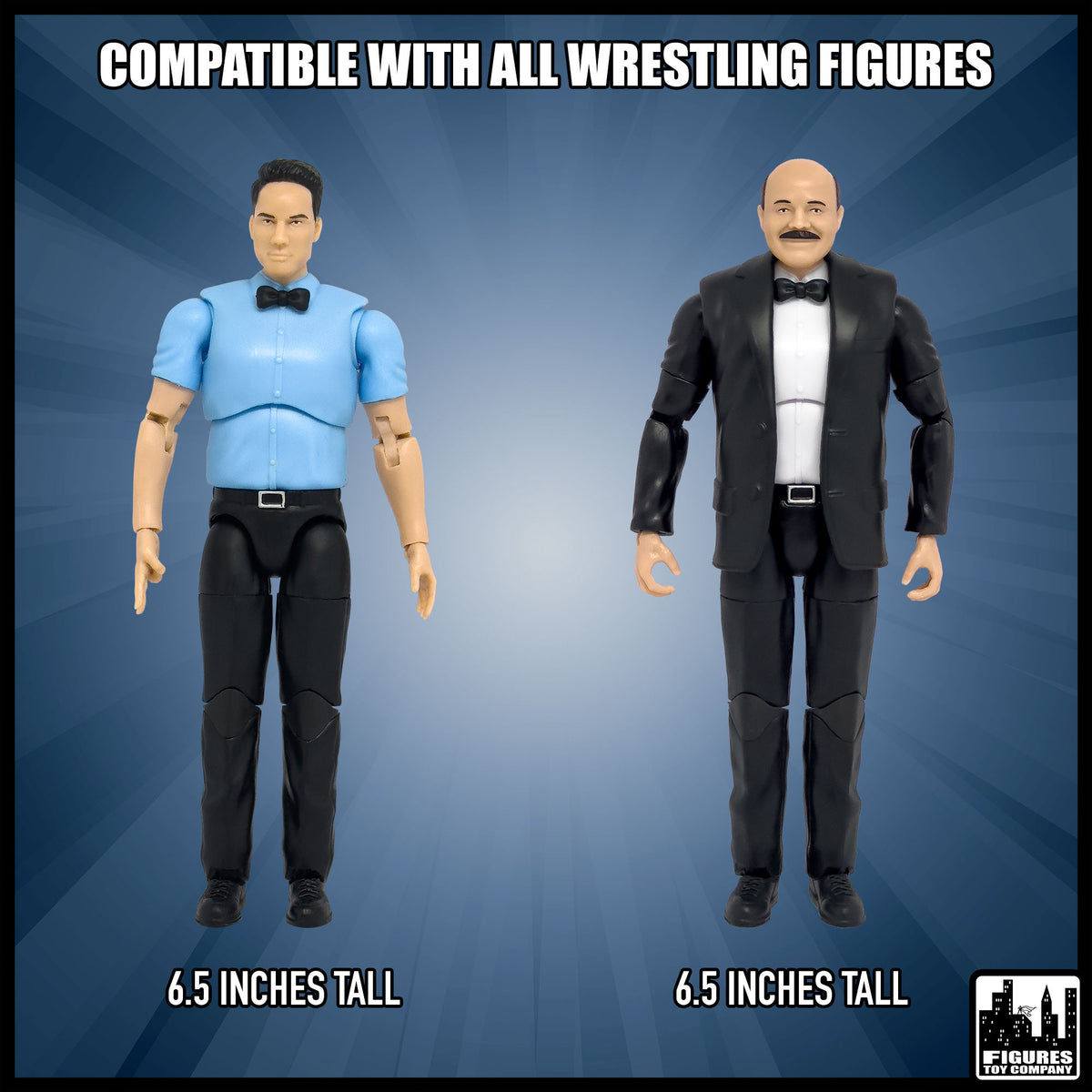 Ultimate Classic Referee & Classic Announcer With Deluxe Articulation for wrestling figures — size and compatibility guide.