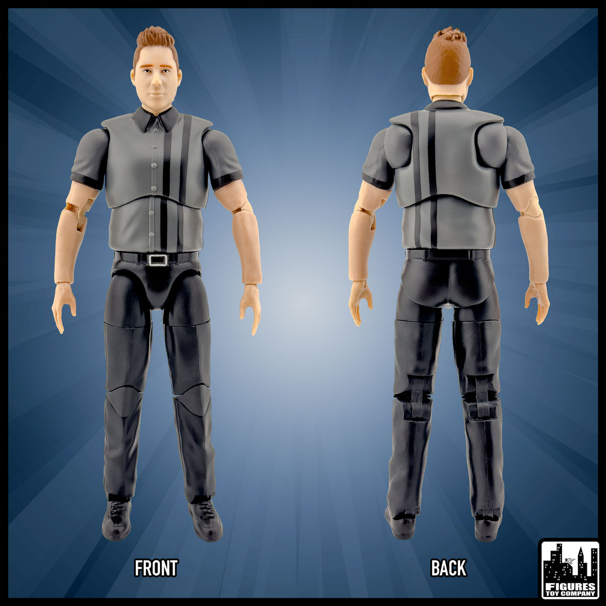 Ultimate Dark Gray Referee with Deluxe Articulation for wrestling figures — front and back views.
