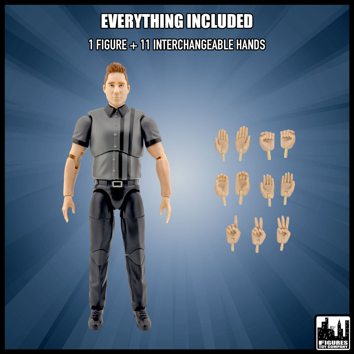 Ultimate Dark Gray Referee with Deluxe Articulation for wrestling figures — included items.