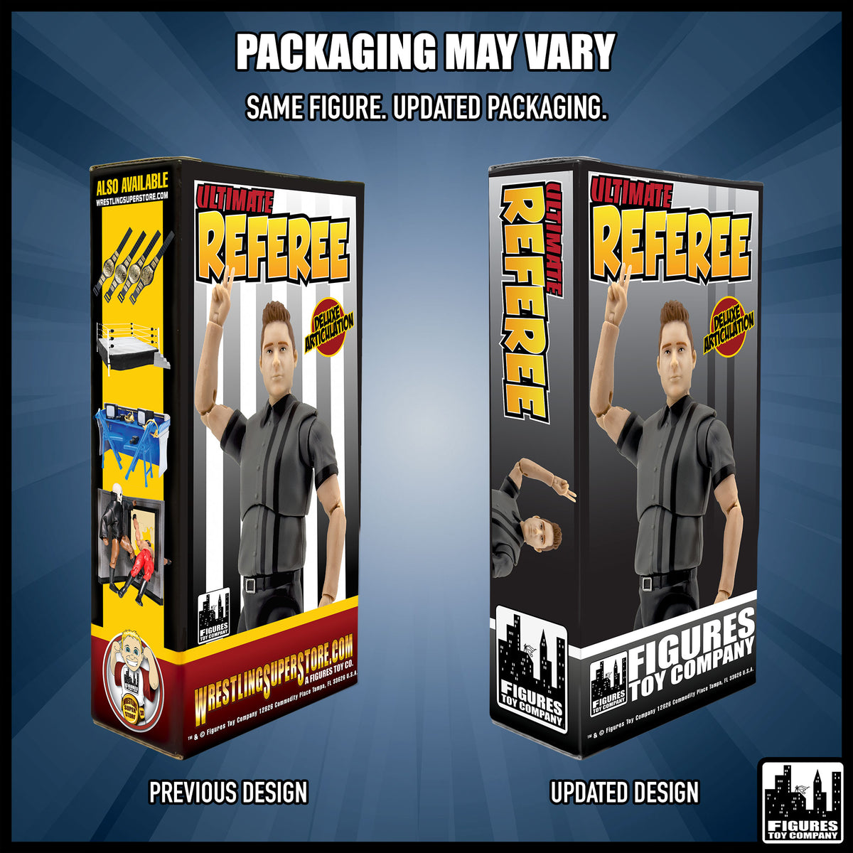 Ultimate Dark Gray Referee with Deluxe Articulation for wrestling figures — packaging design comparison.