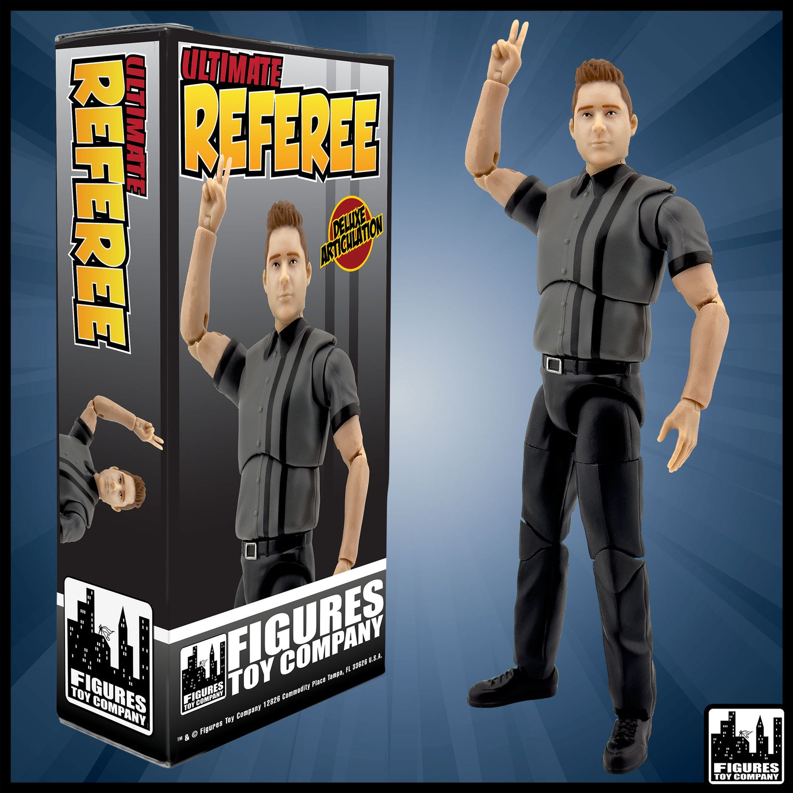 Ultimate Dark Gray Referee with Deluxe Articulation for wrestling figures — product view.