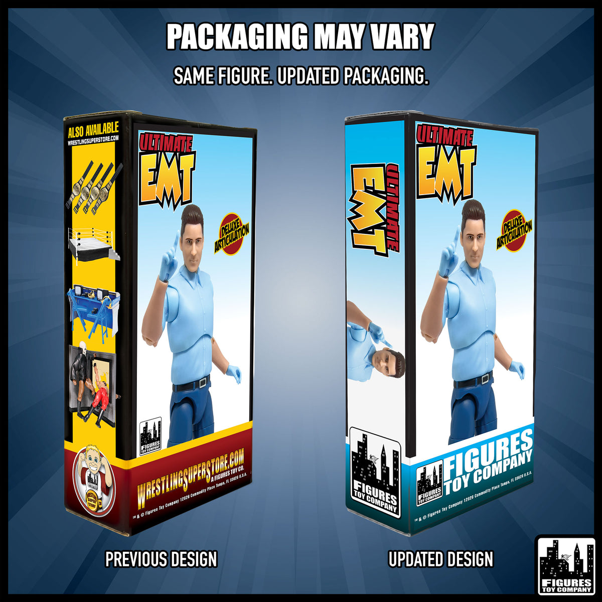 Ultimate EMT Ambulance Driver With Deluxe Articulation for wrestling figures — packaging design comparison.
