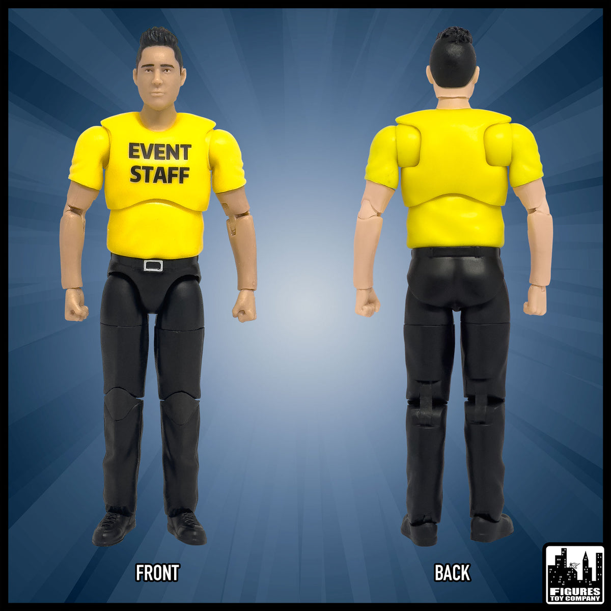 Ultimate Event Staff Worker With Deluxe Articulation for wrestling figures — front and back views.