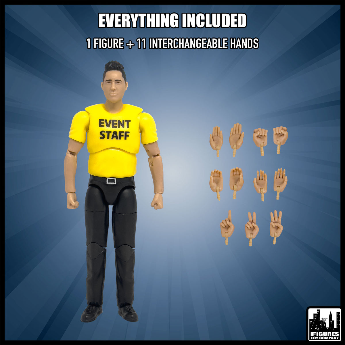 Ultimate Event Staff Worker With Deluxe Articulation for wrestling figures — included items.