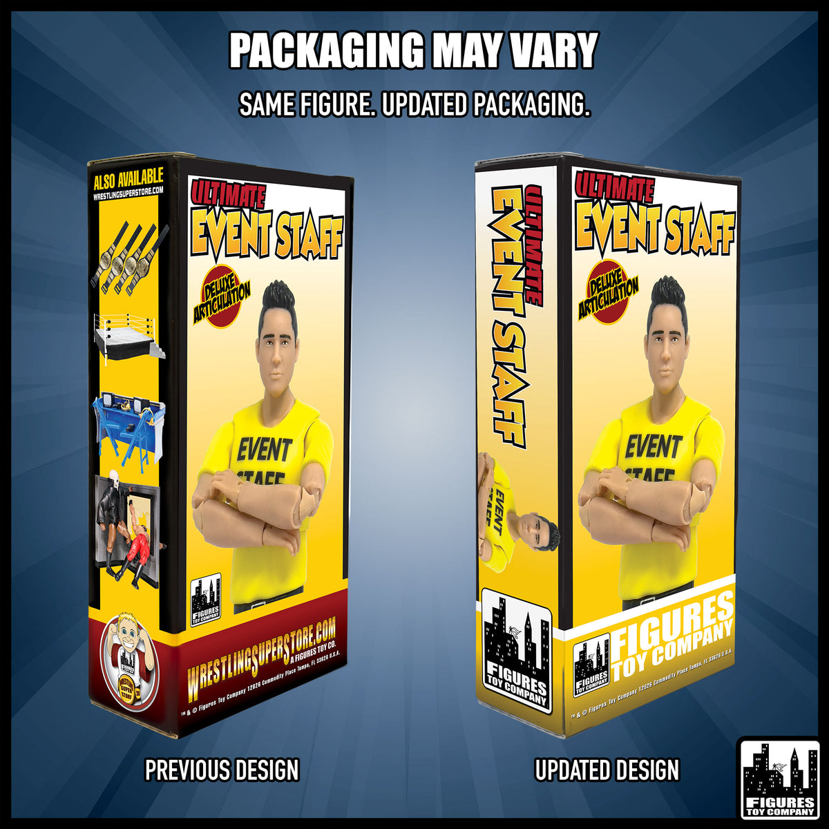 Ultimate Event Staff Worker With Deluxe Articulation for wrestling figures — packaging design comparison.