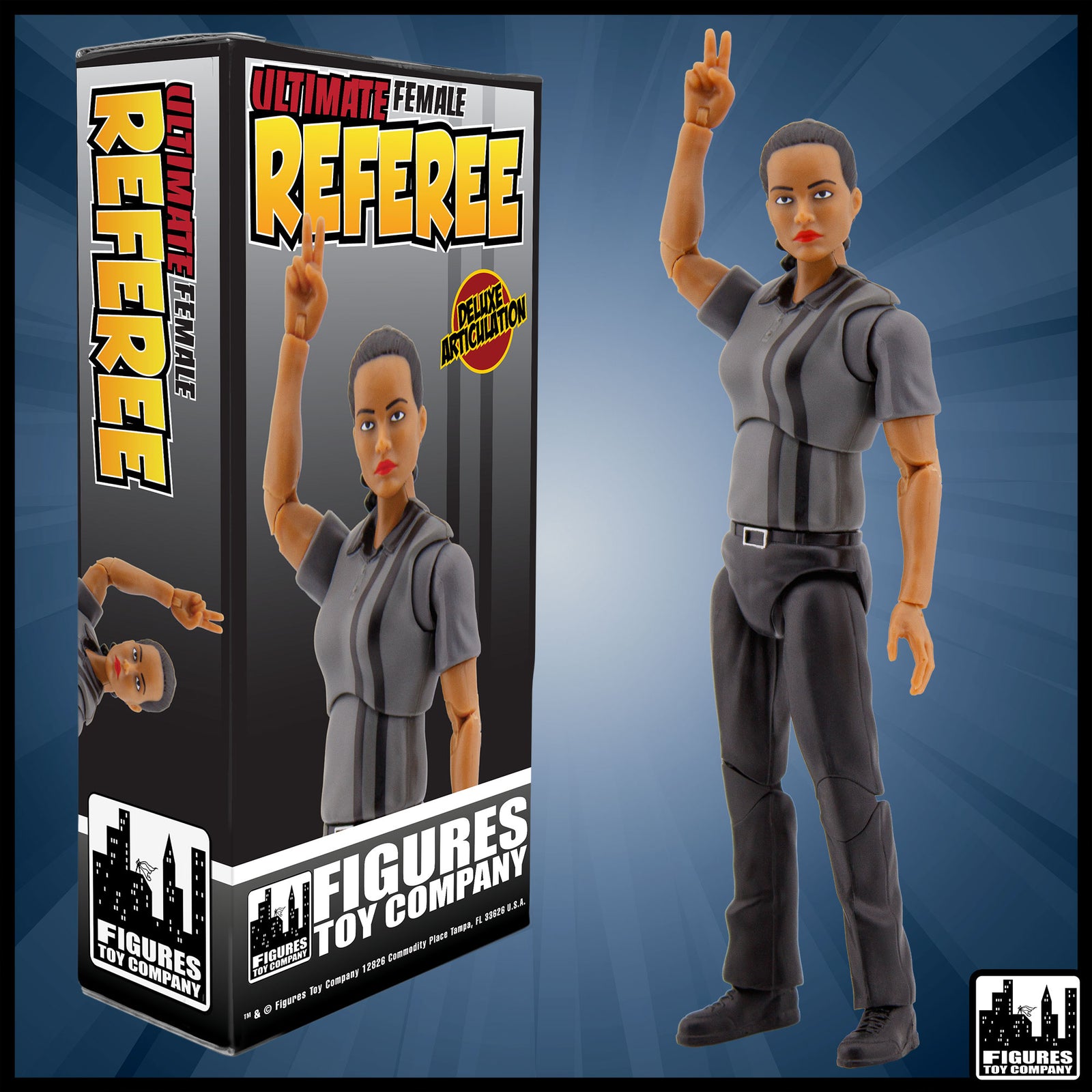 Ultimate Female Dark Gray Referee with Deluxe Articulation for wrestling figures — product view.