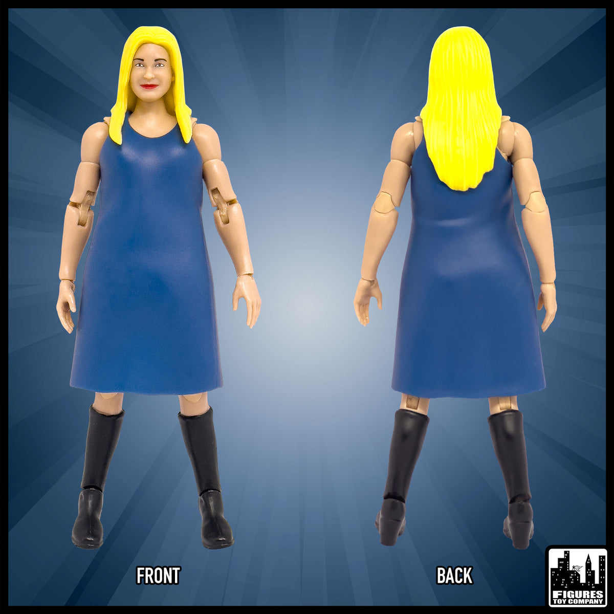 Ultimate Female Interviewer Announcer With Deluxe Articulation for wrestling figures — front and back views.