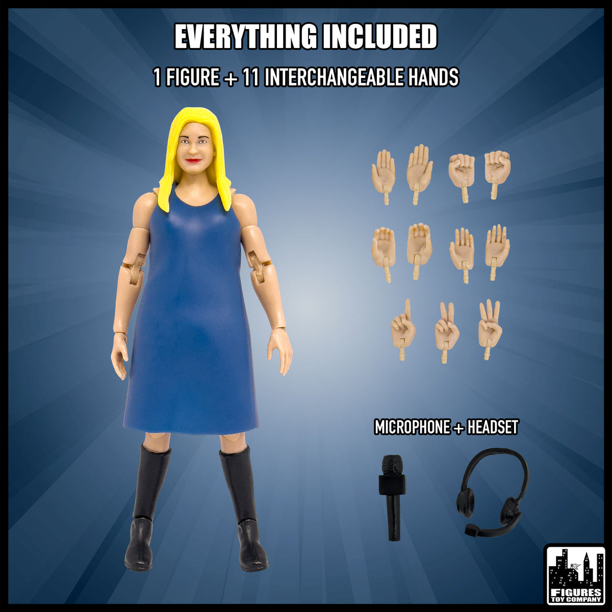 Ultimate Female Interviewer Announcer With Deluxe Articulation for wrestling figures — included items.