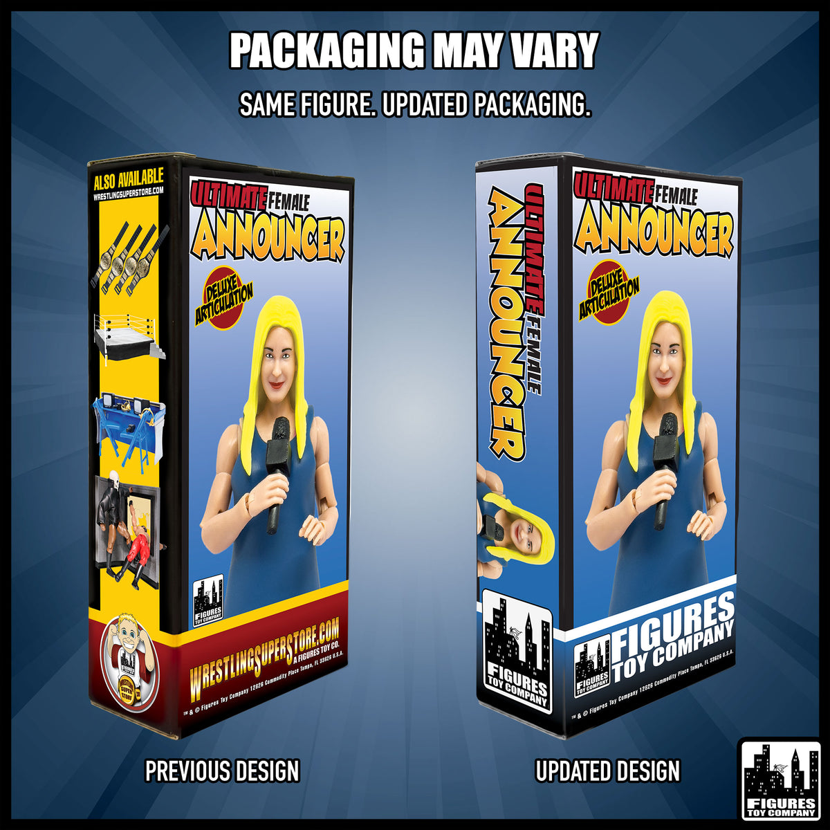 Ultimate Female Interviewer Announcer With Deluxe Articulation for wrestling figures — packaging design comparison.
