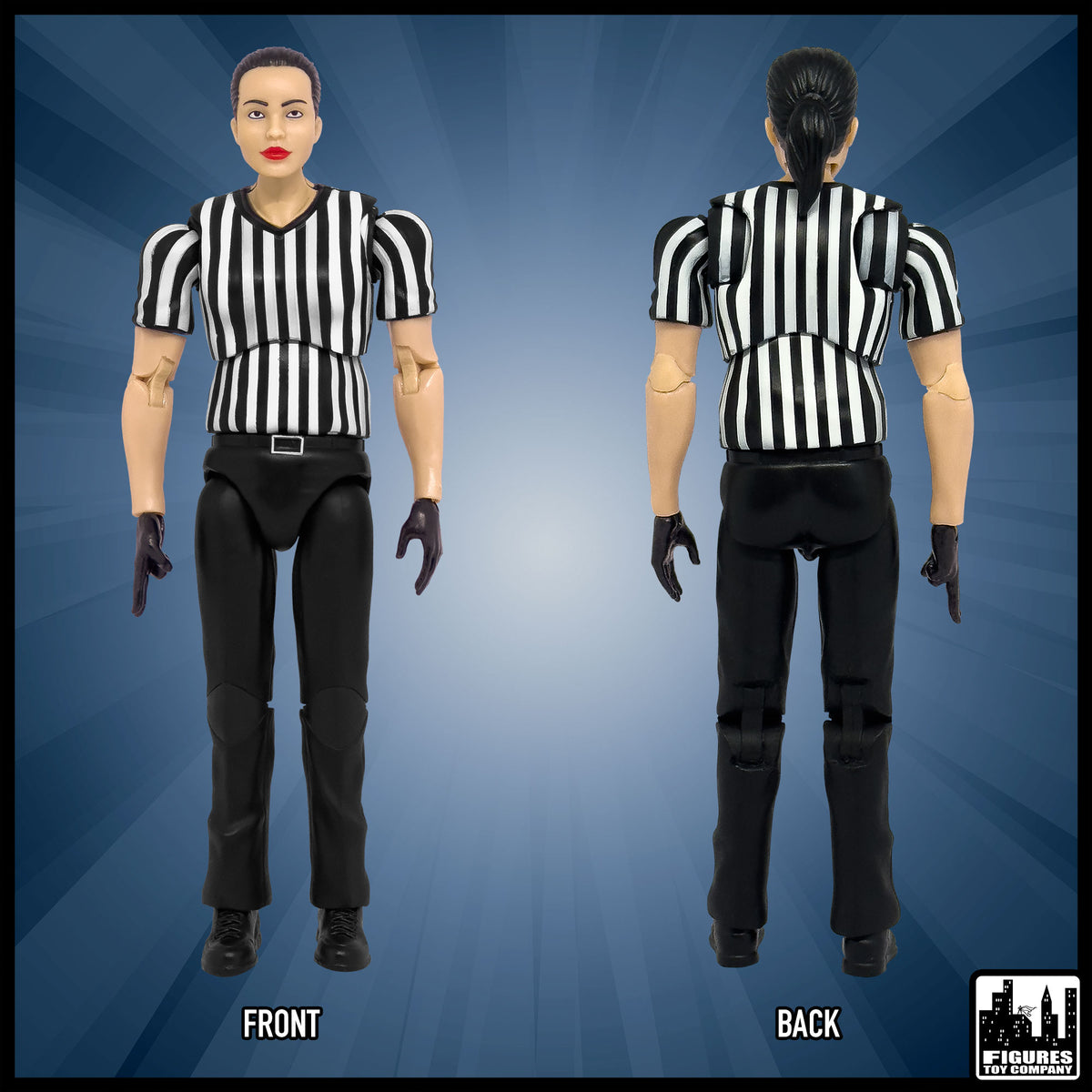 Ultimate Female Referee With Deluxe Articulation for wrestling figures — front and back views.