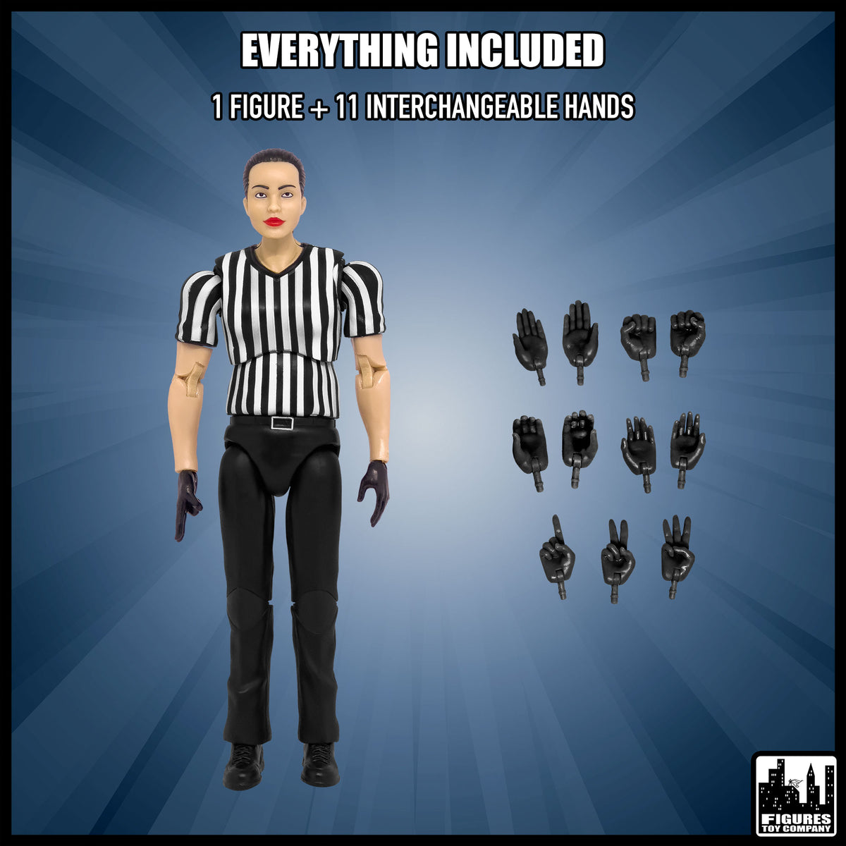 Ultimate Female Referee With Deluxe Articulation for wrestling figures — included items.