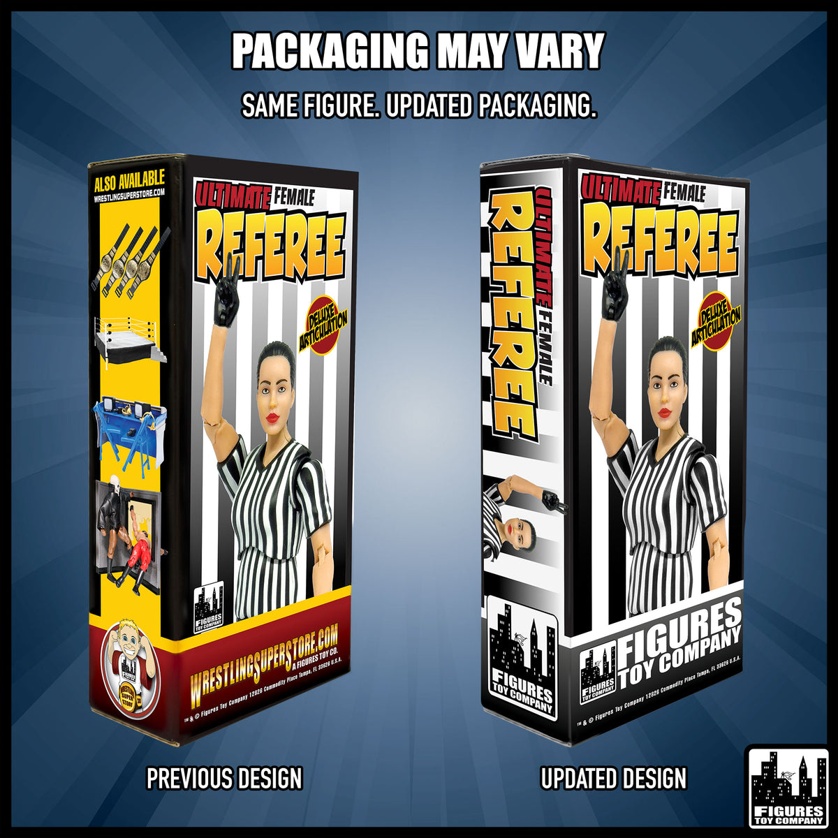 Ultimate Female Referee With Deluxe Articulation for wrestling figures — packaging design comparison.