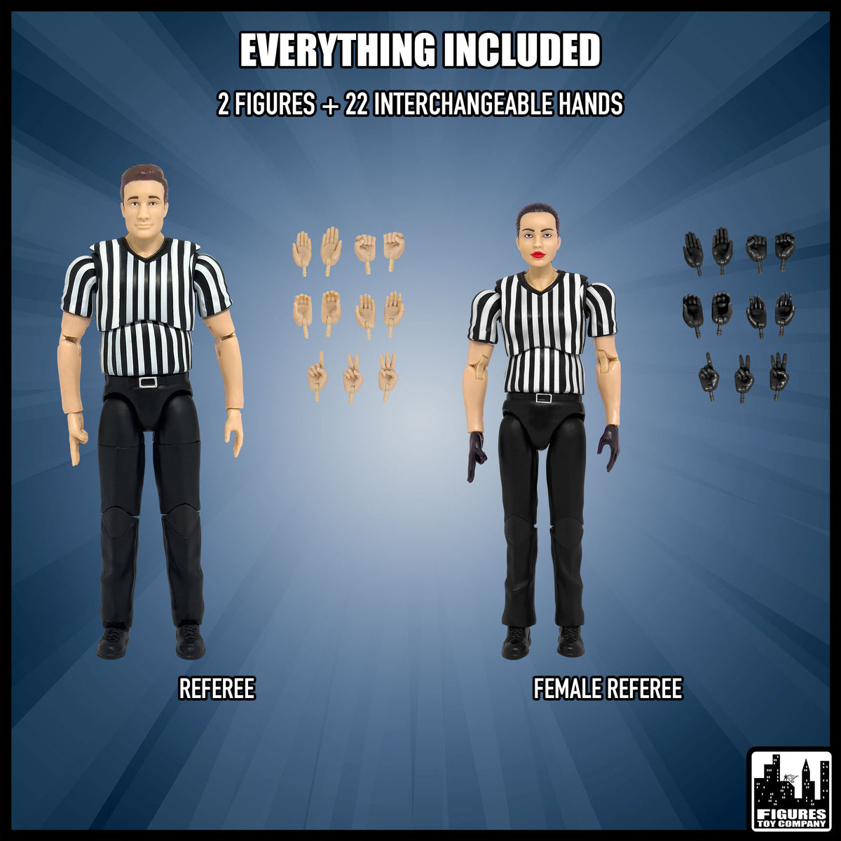 Ultimate Male & Female Referee With Deluxe Articulation for wrestling figures — included items.
