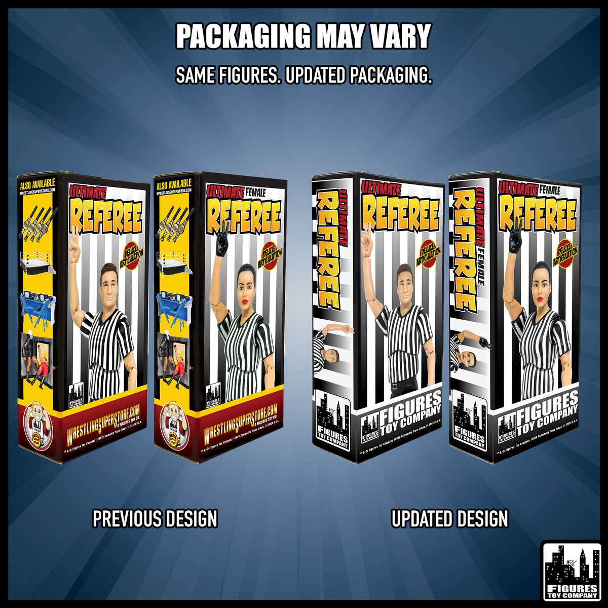 Ultimate Male & Female Referee With Deluxe Articulation for wrestling figures — packaging design comparison.