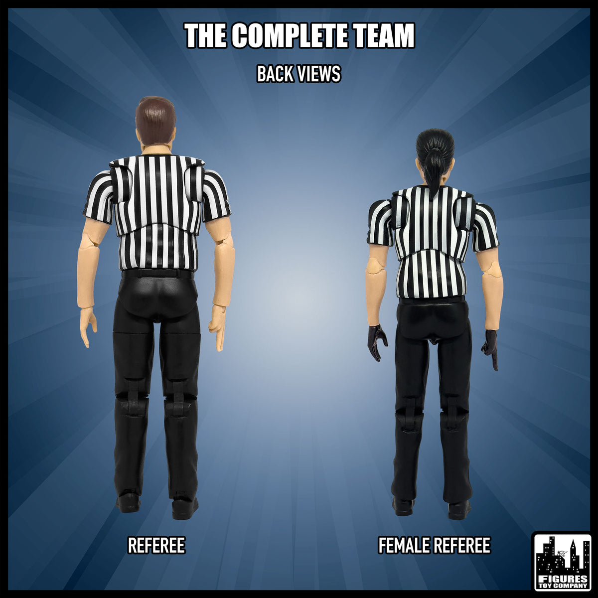 Ultimate Male & Female Referee With Deluxe Articulation for wrestling figures — rear views.
