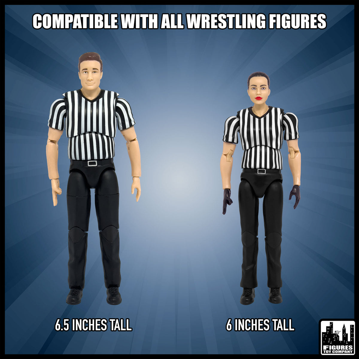 Ultimate Male & Female Referee With Deluxe Articulation for wrestling figures — size and compatibility guide.