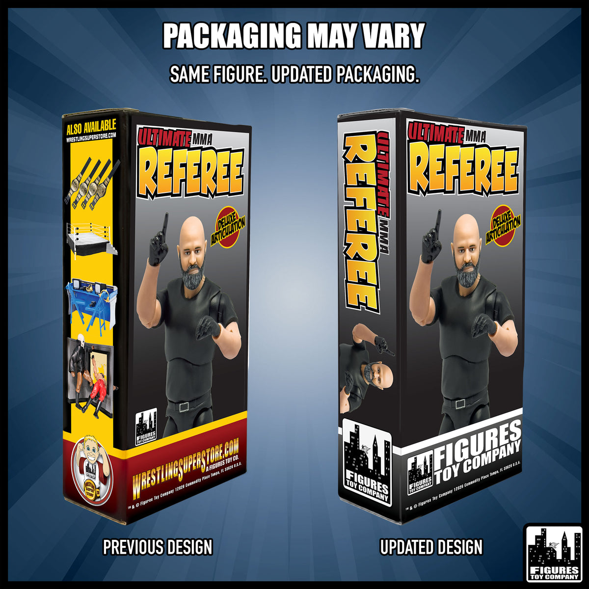 Ultimate MMA Referee With Deluxe Articulation for UFC MMA Action Figures — packaging design comparison.