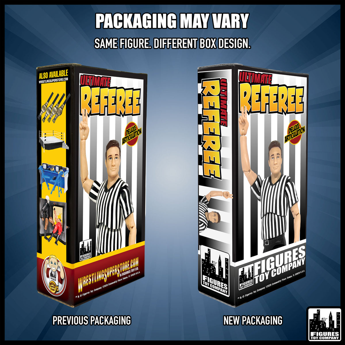Ultimate Referee With Deluxe Articulation for wrestling figures — packaging design comparison.