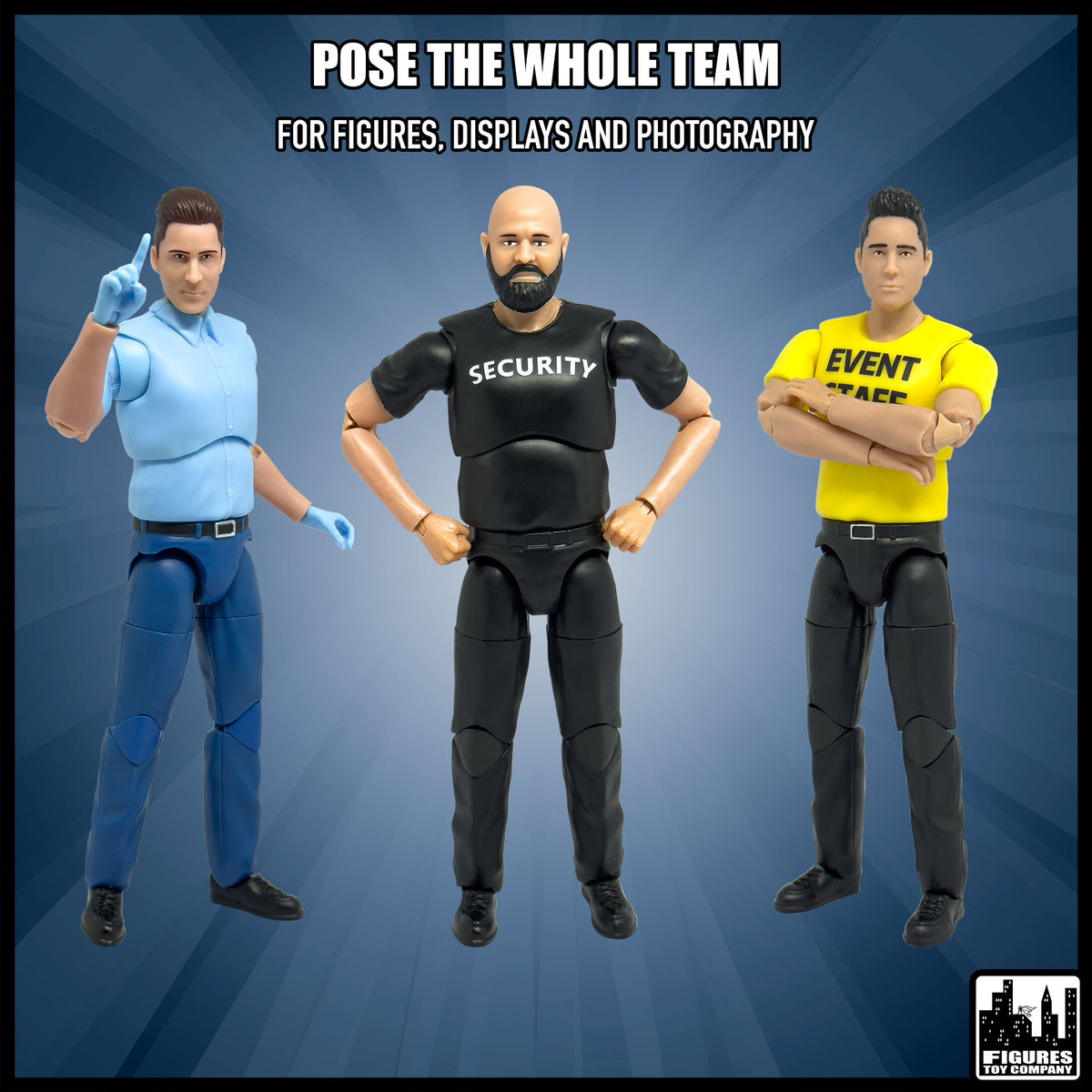 Ultimate Security Guard, Event Staff Worker & EMT With Deluxe Articulation for wrestling figures — alternate poses.