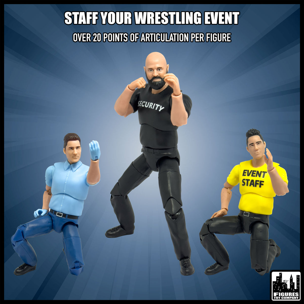Ultimate Security Guard, Event Staff Worker & EMT With Deluxe Articulation for wrestling figures — display scene.