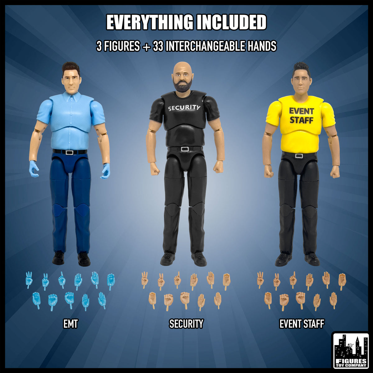 Ultimate Security Guard, Event Staff Worker & EMT With Deluxe Articulation for wrestling figures — included items.