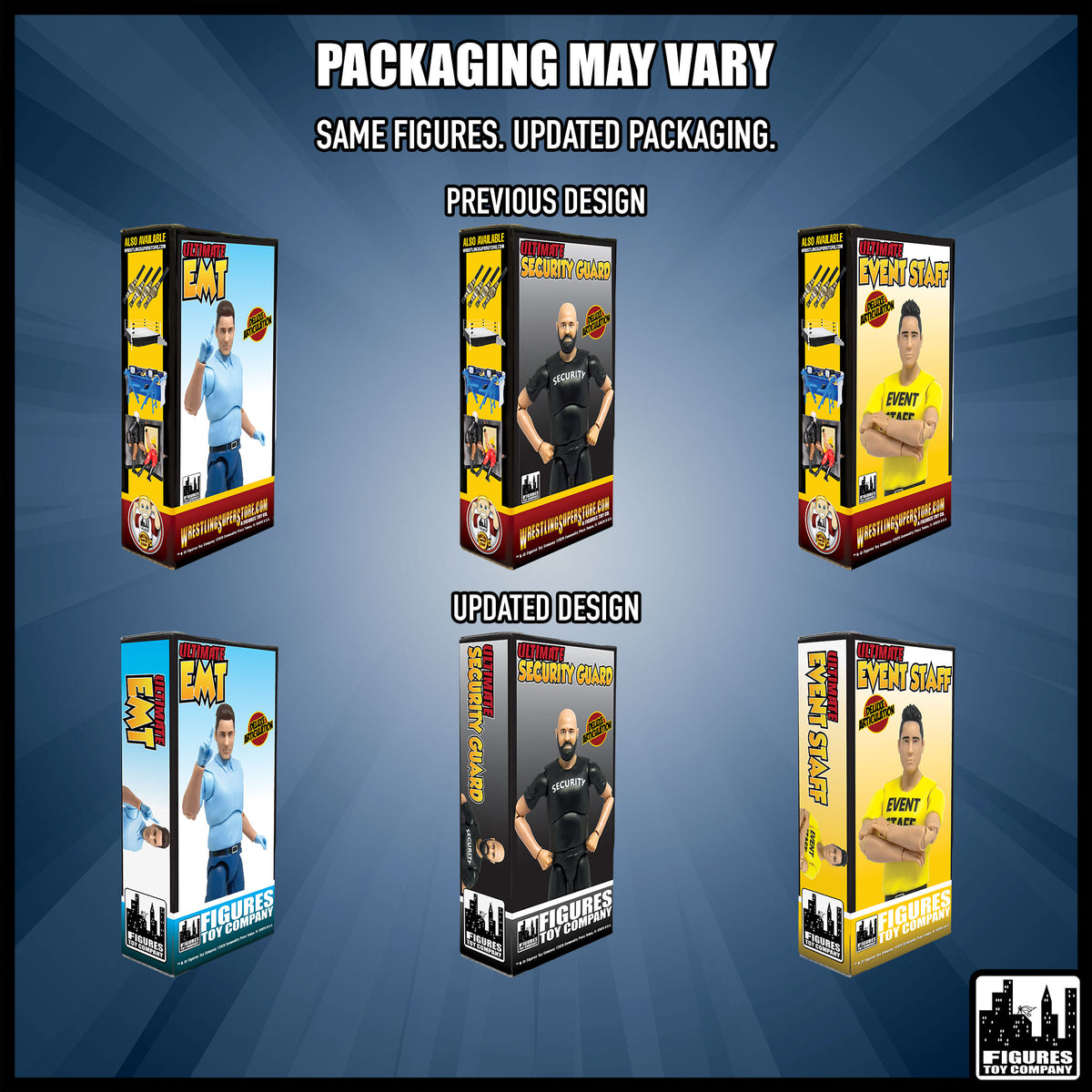 Ultimate Security Guard, Event Staff Worker & EMT With Deluxe Articulation for wrestling figures — packaging design comparison.