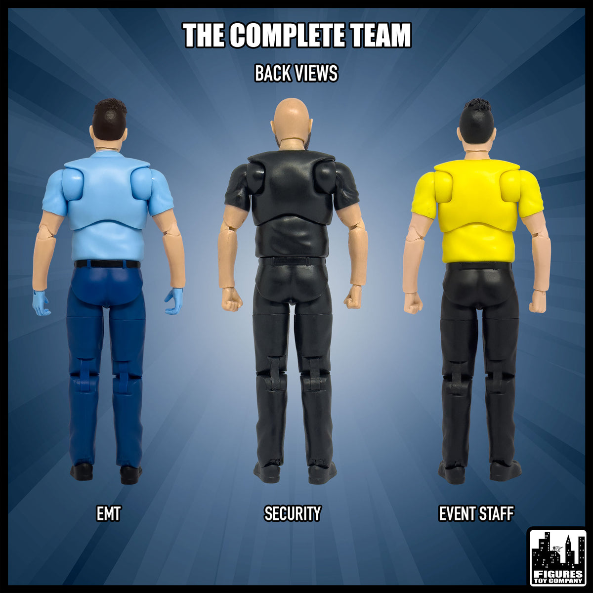Ultimate Security Guard, Event Staff Worker & EMT With Deluxe Articulation for wrestling figures — rear views.