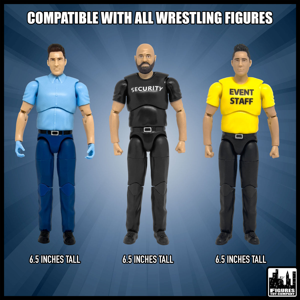 Ultimate Security Guard, Event Staff Worker & EMT With Deluxe Articulation for wrestling figures — size and compatibility guide.