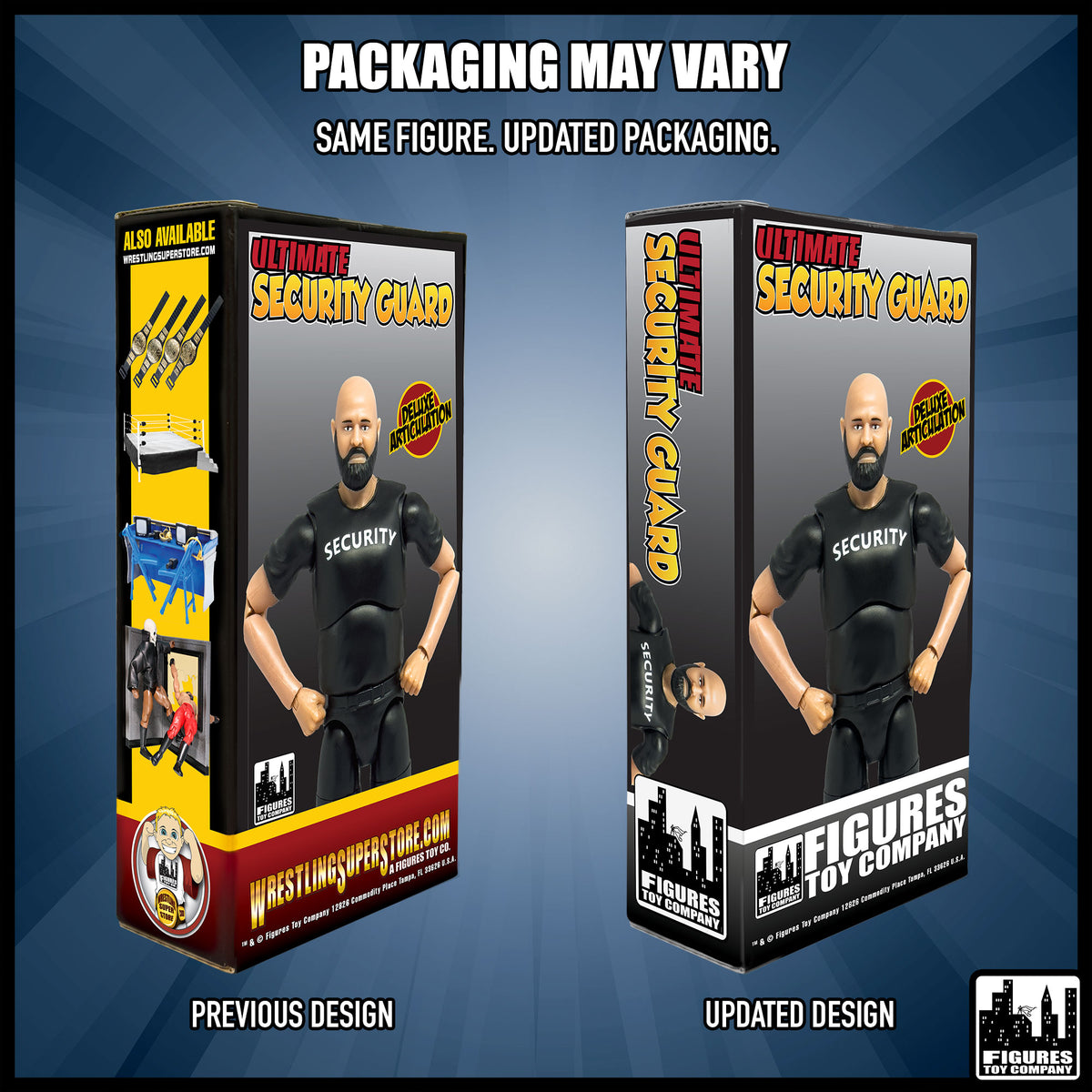 Ultimate Security Guard With Deluxe Articulation for wrestling figures — packaging design comparison.