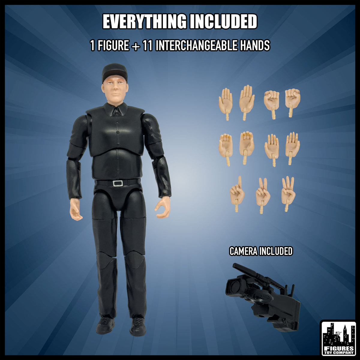 Ultimate TV Camera Man With Deluxe Articulation for wrestling figures — included items.