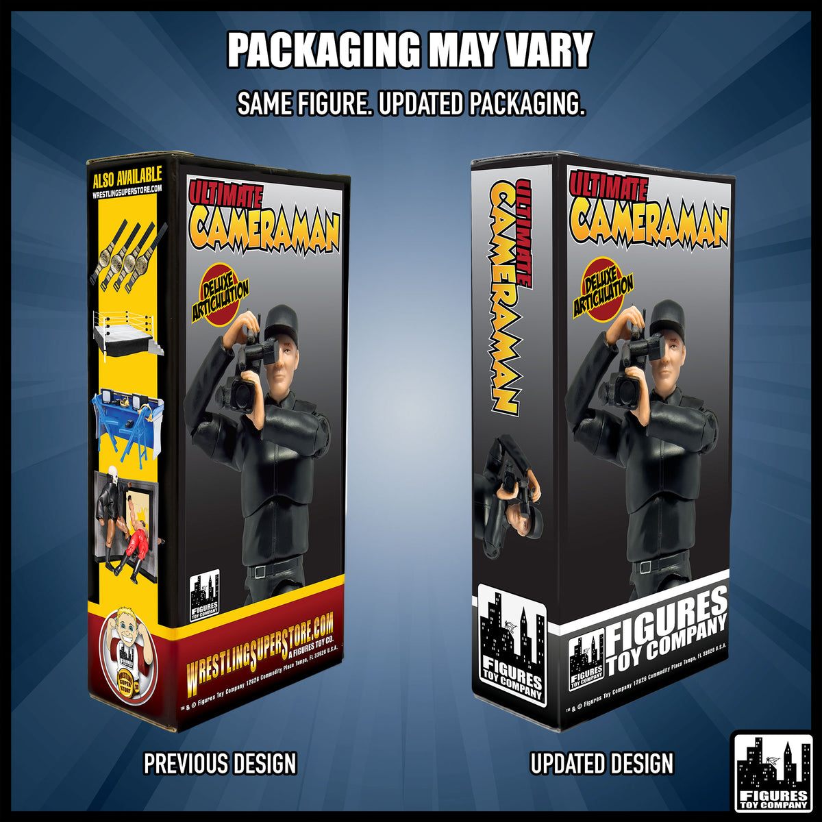 Ultimate TV Camera Man With Deluxe Articulation for wrestling figures — packaging design comparison.