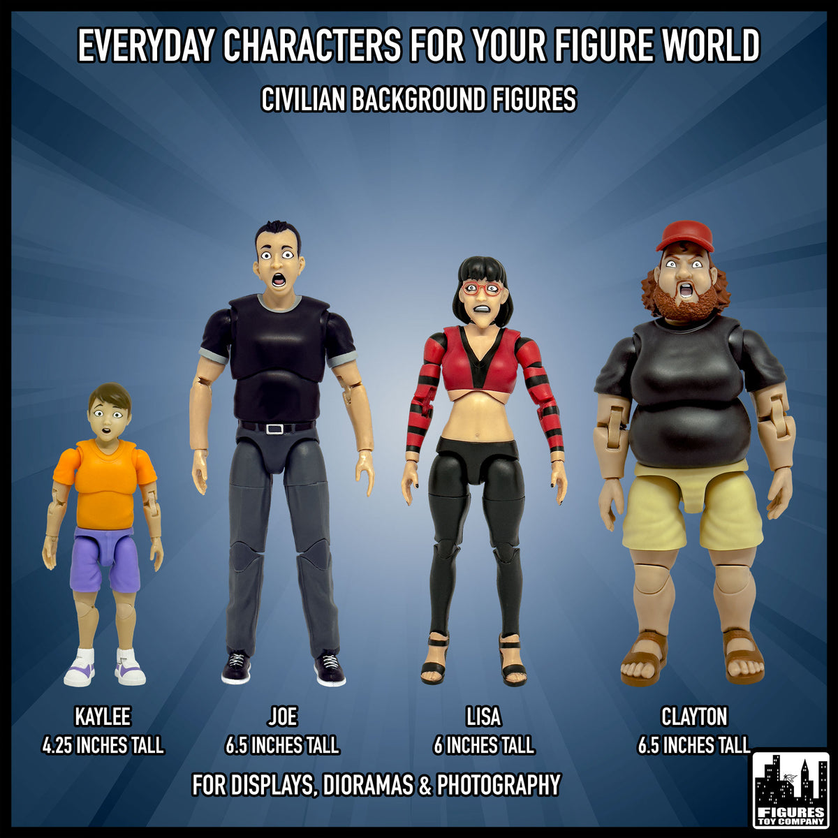Ultimate Wrestling Crowd Fan Figures Four-Pack Series 3 — size and civilian display examples.