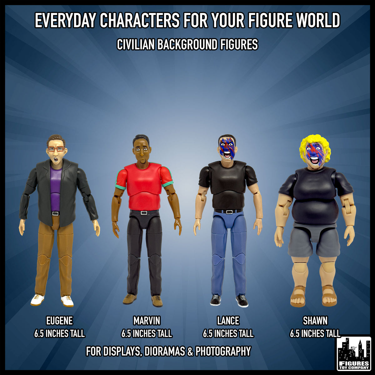 Ultimate Wrestling Crowd Fan Figures Four-Pack Series 5 — size and civilian display examples.