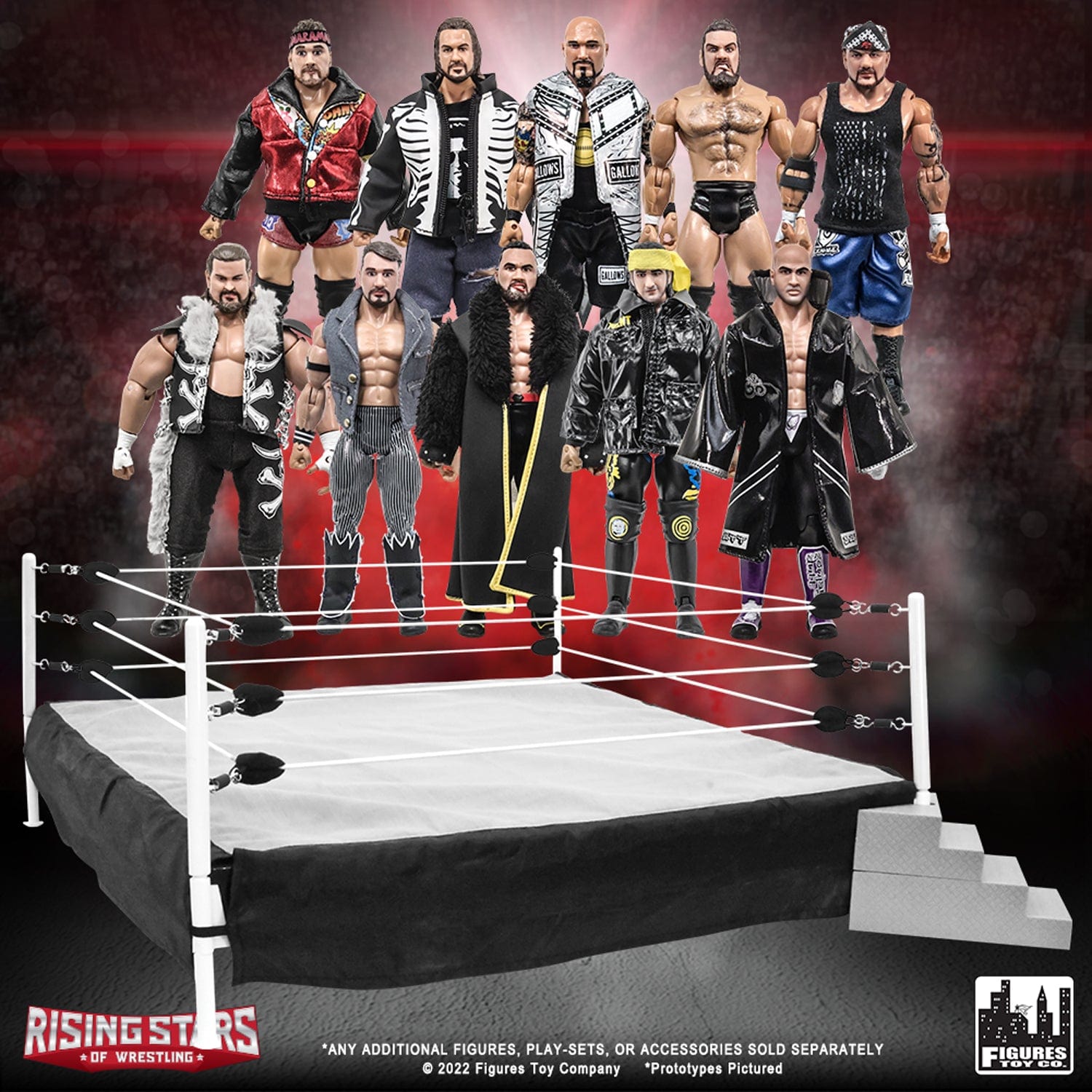 Wrestling Ring & 10 LOOSE Rising Stars of Wrestling Action Figures